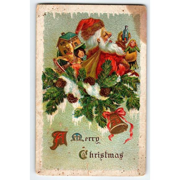 Santa Claus Christmas Postcard Embossed Saint Nick Holds Glass Bottle Toys Tree - Picture 1 of 2